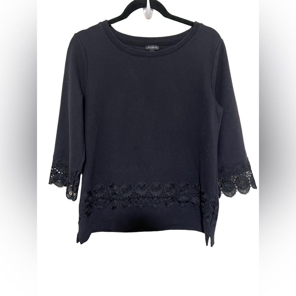 Talbots M Lace Floral Trim Shimmer Metallic Top Knit Ponte Black Women Glitter